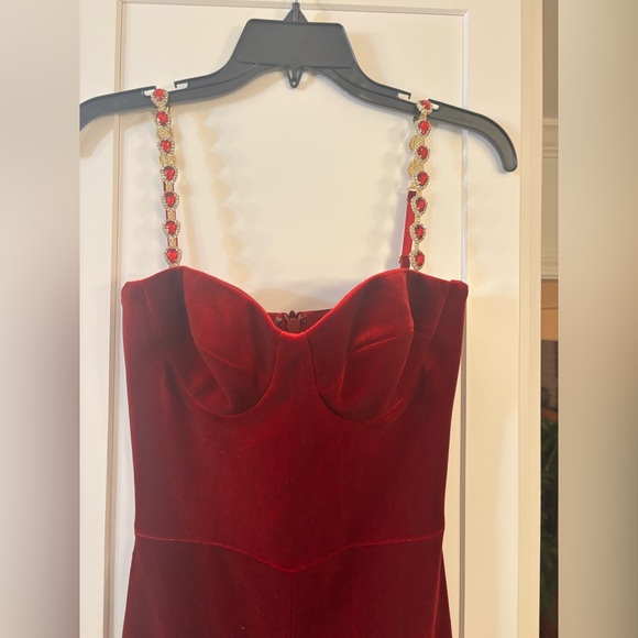 new Nadine Merabi Harley velvet belted embellished strap jumpsuit in red - Picture 8 of 13